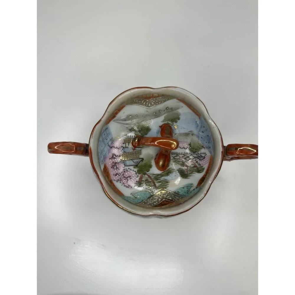 Vintage Kutani Geisha Sugar Bowl BiBi Japan Red Gold Porcelain Hand Painted‎